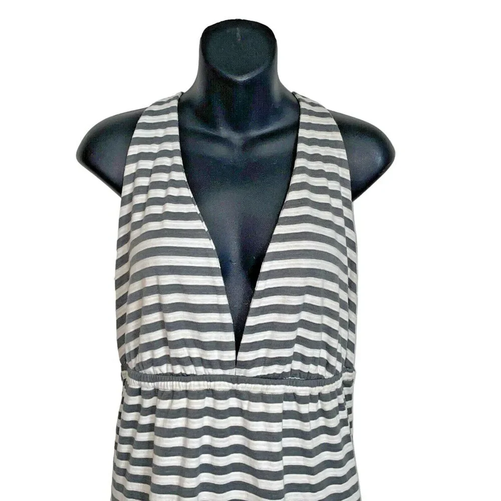 Lover + Friends Striped Grey Cream‎ Jersey Halter Maxi Long Dress Size Large